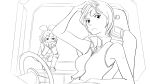  2girls bow_hairband closed_mouth cockpit cropped_shirt greyscale hair_ornament hairband hairclip hand_on_own_head hands_on_own_face kagamine_rin lineart looking_at_another looking_at_viewer meiko_(vocaloid) monochrome multiple_girls nippori_honsha shirt short_hair shoulder_tattoo sitting sleeveless sleeveless_shirt smile steering_wheel tattoo vocaloid 