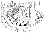  1girl bookshelf closed_mouth cockpit cropped_shirt crt greyscale looking_at_viewer meiko_(vocaloid) midriff monochrome nippori_honsha radio short_hair sitting sketch skirt solo steering_wheel trash_can vocaloid 