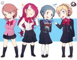  aegis_(persona) angry aqua_hair blonde_hair blue_eyes brown_hair chibi choker food fume kirijou_mitsuru long_hair multiple_girls mushisotisis onigiri pantyhose persona persona_3 red_hair school_uniform short_hair skull_and_crossbones sweatdrop takeba_yukari u_u yamagishi_fuuka 