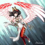  1girl bird_girl black_hair claws commission fire_emblem fire_emblem_heroes flight_goggles full_body gloves glowing glowing_wings grimaisbestwaifu hraesvelgr_(fire_emblem) ko-fi_commission leggings long_hair looking_at_viewer red_aura red_eyes red_gloves red_leggings red_trim red_wings simple_background solo white_footwear wings 