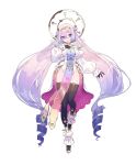  1girl absurdly_long_hair absurdres atelier_(series) atelier_sophie_2 bare_shoulders black_thighhighs breasts brown_gloves crossed_bangs detached_sleeves double_bun elvira_(atelier_series) full_body gloves gold_trim hair_between_eyes hair_bun halo hand_on_own_chest hand_up highres large_breasts leotard loincloth long_hair long_sleeves looking_at_viewer noco_(adamas) official_art puffy_long_sleeves puffy_sleeves purple_eyes purple_hair ringlets shoes simple_background solo standing thighhighs very_long_hair white_background white_leotard 