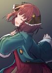  1girl :d atelier_(series) atelier_sophie_2 blue_coat braid closed_eyes coat commentary_request cowboy_shot dancing dress facing_to_the_side hands_up long_sleeves open_mouth profile red_dress red_hair scottie_friends short_hair side_braid smile solo sophie_neuenmuller standing 