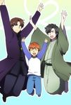  bad_id bad_pixiv_id brown_hair emiya_kiritsugu emiya_shirou fate/stay_night fate_(series) japanese_clothes jumping kimono kotomine_kirei male_focus multiple_boys raglan_sleeves red_hair umigumo 