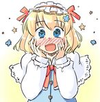  alice_margatroid arnest blonde_hair blue_eyes blush capelet full-face_blush hairband hands_on_own_cheeks hands_on_own_face heart heart-shaped_pupils open_mouth short_hair solo symbol-shaped_pupils touhou 