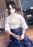  archery asymmetrical_bangs bangs black_eyes black_hair blue_hakama blurry blush depth_of_field dutch_angle gloves hakama japanese_clothes kyuudou muneate original partly_fingerless_gloves petals por seiza short_hair single_glove sitting smile solo wooden_floor yugake 