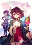  3girls absurdres atelier_(series) atelier_sophie_2 belt blue_coat brown_gloves butterfly_wings closed_mouth coat collared_coat commentary cowboy_shot detached_collar elbow_gloves elvira_(atelier_series) english_commentary floating flower gloves glowing hair_flower hair_ornament hand_on_own_hip hand_up highres holding holding_staff insect_wings key_visual leotard long_hair long_sleeves looking_at_viewer looking_back low_twintails multiple_girls noco_(adamas) official_art profile promotional_art purple_hair ramizel_erlenmeyer red_flower red_hair red_rose rose second-party_source short_hair smile sophie_neuenmuller sparkle staff standing twintails wide_sleeves wings 