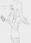  1girl bare_shoulders cellphone food from_side gakuen_idolmaster greyscale holding holding_phone idolmaster kurobeko_(kur0bek0) long_hair monochrome phone profile shinosawa_hiro short_shorts shorts sketch solo 