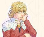  bad_id bad_pixiv_id barnaby_brooks_jr blonde_hair chin_rest glasses green_eyes jacket jewelry looking_at_viewer male_focus necklace red_jacket solo tiger_&amp;_bunny ugetsun 