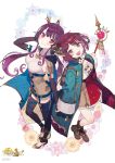  2girls :d arm_behind_head arm_up atelier_(series) atelier_sophie_2 backpack bag belt black_thighhighs blue_belt blue_coat boots breasts brown_footwear coat collared_coat commentary_request copyright_name elbow_gloves floral_background flower from_above full_body gloves hair_flower hair_ornament high_heels highres holding holding_hands holding_staff logo long_coat long_hair long_sleeves looking_at_viewer looking_up medium_breasts multiple_girls noco_(adamas) official_art open_mouth pink_lips pleated_skirt purple_eyes purple_hair ramizel_erlenmeyer red_flower red_hair red_rose red_skirt rose short_hair sidelocks skirt smile sophie_neuenmuller staff standing thighhighs twintails white_background 