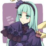  1girl atelier_(series) atelier_ayesha blue_eyes blue_hair blunt_bangs border commentary_request cupcake dated expressionless food food_on_face frilled_sleeves frills hairband holding holding_food long_hair long_sleeves looking_at_viewer odelia_(atelier) outside_border purple_background scottie_friends sleeves_past_fingers sleeves_past_wrists solo upper_body white_border wings 