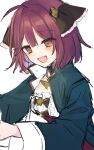  1girl :d ahoge atelier_(series) atelier_sophie_2 blue_coat blush brown_eyes coat jewelry long_sleeves looking_at_viewer necklace open_mouth red_hair scottie_friends short_hair simple_background smile solo sophie_neuenmuller upper_body white_background wide_sleeves 
