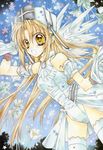  :o absurdres alternate_costume angel_wings artbook bare_legs bare_shoulders blonde_hair detached_sleeves dress dutch_angle feathered_wings flower gloves hand_on_headwear hat highres lace long_hair marker_(medium) official_art otomiya_haine puffy_short_sleeves puffy_sleeves scan shinshi_doumei_cross short_sleeves sky solo star tanemura_arina thighhighs traditional_media white_dress white_gloves white_legwear wings yellow_eyes 