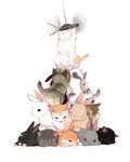  animal animal_tower bad_id bad_pixiv_id black_eyes bunny cat closed_eyes highres kitten lying no_humans on_stomach original radar shanks-ace simple_background support white_background 