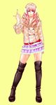  belt boots coat crossdressing earmuffs full_body highres lace long_hair male_focus morisato_yuuji original otoko_no_ko pink_hair purple_eyes skirt smile solo thigh_boots thighhighs 