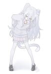  1girl animal_ears bell black_footwear cardigan cat_ears cat_girl cat_tail full_body grey_eyes hair_between_eyes hands_on_own_thighs head_tilt highres kurobeko_(kur0bek0) leaning_forward limited_palette loafers long_hair long_hair_between_eyes long_sleeves looking_at_viewer neck_bell open_mouth original pantyhose plaid_clothes plaid_skirt shirt shoes simple_background skirt solo tail twintails two_side_up v-shaped_eyebrows very_long_hair white_background white_cardigan white_hair white_pantyhose white_shirt white_skirt 