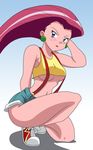  artist_request blue_eyes blush breasts cosplay earrings jewelry kasumi_(cosplay) kasumi_(pokemon) kasumi_(pokemon)_(cosplay) large_breasts mcree114 musashi_(pokemon) pokemon red_hair shitapai shoes sneakers underboob 