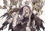  arm_up black_wings bonnet boots dress flower gothic_lolita knee_boots lolita_fashion long_hair parted_lips plant purple_flower purple_rose red_eyes rose rozen_maiden silver_hair sitting solo suigintou thorns tsukioka_tsukiho vines white_background wings 