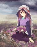  bad_id bad_pixiv_id barefoot cloud dirty_feet field flower hood japanese_clothes long_hair purple_eyes red_hair sengoku_taisen sitting veil wariza 