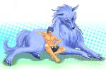  blue blue_fur blue_hair canine claws cloth duo fur hair human lying male mammal muscles nipples red_eyes terry terry_cloth toriko wolf 