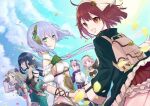  6+girls :d ahoge atelier_(series) atelier_firis atelier_lydie_&amp;_suelle atelier_sophie backpack bag blue_sky brown_eyes brown_hair cloud coat commentary_request covered_navel day firis_mistlud green_coat green_eyes hand_up head_scarf in-franchise_crossover leotard liane_mistlud long_hair long_sleeves looking_at_another looking_at_viewer looking_back lydie_malen multiple_girls open_mouth outdoors petals pink_hair plachta red_hair red_skirt scottie_friends short_hair siblings sisters skirt sky smile sophie_neuenmuller standing suelle_malen twins white_leotard wind 