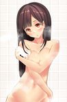  :o bangs bathing black_hair blush breast_squeeze breasts brown_hair head_tilt long_hair medium_breasts navel nude open_mouth original parted_bangs red_eyes soap_bubbles solo steam white_background yoo_(tabi_no_shiori) 