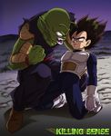  angry antenna antennae black_eyes boots brown_hair clenched_hand dragon_ball dragonball_z eyebrows fist gloves green_skin hair_grab hair_pull male male_focus piccolo scared spiked_hair surprised sweat thick_eyebrows vegeta 