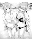  2girls beach bikini breasts chicke_iii cleavage commentary_request glaring glasses go-toubun_no_hanayome greyscale highres jacket large_breasts long_hair low_twintails monochrome multiple_girls nakano_ichika nakano_nino navel ocean off_shoulder open_clothes open_jacket siblings sisters sweat swimsuit twintails 