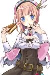  1girl atelier_(series) atelier_rorona belt blue_eyes blush breasts brown_belt capelet center_frills closed_mouth cowboy_shot dress eating food frills hands_up hat holding holding_food long_sleeves looking_at_viewer pie pie_slice pink_hair pink_hat rorolina_frixell scottie_friends short_hair simple_background small_breasts solo standing white_background white_capelet 