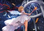  ask_(askzy) blonde_hair blue_eyes card cardcaptor_sakura dress feathers garters hair_ribbon holding hoshi_no_tsue kinomoto_sakura ribbon sakura_card short_hair smile solo wand white_dress wings 