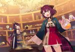  2girls :d absurdres alchemy atelier_(series) atelier_sophie_2 barrel belt blue_belt blue_coat book bottle bowl box braid brown_eyes cauldron character_doll coat cowboy_shot crown crystal elvira_(atelier_series) flask flower highres holding holding_book holding_flask indoors liquid long_hair long_sleeves looking_at_another looking_back low_twintails multiple_girls mushroom noco_(adamas) official_art olias_enders open_book open_mouth purple_hair ramizel_erlenmeyer red_flower red_hair red_rose red_skirt rose shelf short_hair skirt smile sophie_neuenmuller sparkle standing steam twintails 