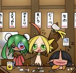  3girls ahogewe alcohol beer blonde_hair concave cup cyclops drink eyes_closed fang green_eyes harpy horn monster_girl mug multicolored_hair multiple_girls one-eyed original red_eyes red_hair red_skin smile stitches translation_request two-tone_hair 