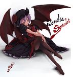  bat_wings black_legwear brooch character_name etna_(artist) feet flower hat highres jewelry legs pantyhose purple_hair red_eyes remilia_scarlet rose short_hair smile solo touhou wings 