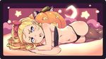  1girl animal_ears annoyed bare_shoulders black_legwear blonde_hair blue_eyes bow breasts cat_ears cleavage crescent_moon drill_hair erokon eyebrows fake_animal_ears hair_bow halloween jack-o&#039;-lantern jack-o'-lantern lying moon navel on_side open_mouth original panties pumpkin solo star thighhighs tubetop underwear 