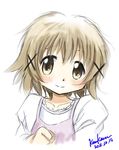  blush brown_eyes brown_hair close-up hair_ornament hidamari_sketch highres kem_kem simple_background smile solo x_hair_ornament yuno 