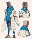  1boy armband bag bag_on_head belt blue_hoodie blue_pants coat commentary_request doctor faust_(guilty_gear) guilty_gear guilty_gear_strive highres hood hood_down hoodie jacket jacket_on_shoulders korean_commentary lapels long_sleeves male_focus multicolored_footwear multiple_views one_eye_covered pants paper_bag red_eyes shoes simple_background sneakers stethoscope syringe white_background white_coat yeji36 