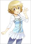  :d blush brown_eyes brown_hair casual hair_ornament hidamari_sketch mizuki_makoto open_mouth polka_dot short_hair skirt smile solo x_hair_ornament yuno 