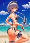  acrylic_paint_(medium) artist_name bad_id bad_pixiv_id beach bikini braid colored_pencil_(medium) izayoi_sakuya long_hair maco_(macoillust) maid_bikini maid_headdress marker_(medium) moon red_eyes silver_hair solo swimsuit thigh_strap touhou traditional_media twin_braids watermark 