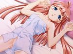  1girl blue_eyes blush game_cg long_hair lying maruto! pink_hair towel watashi_ni_konya_ai_ni_kite yuuki_kobato 