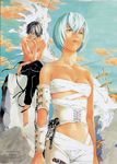  1girl ayanami_rei bandages barefoot blue_hair chin_rest cloud grey_hair nagisa_kaworu navel neon_genesis_evangelion obata_takeshi red_eyes rubble short_hair sitting sky standing 