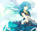  aqua_eyes aqua_hair bad_id bad_pixiv_id breastplate frills gun halo knife long_hair midriff multiple_wings one_eye_closed original skirt smile solo weapon wings x_arms yonema 