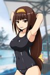  ajimu_najimi armpits bow breasts brown_eyes brown_hair diisuke hairband large_breasts long_hair medaka_box one-piece_swimsuit open_mouth school_swimsuit smile solo swimsuit yellow_bow 