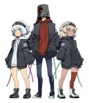  1boy 2girls :3 :| alternate_costume black_footwear black_headband black_hoodie black_jacket black_shorts blonde_hair blue_eyes blue_pants bucket bucket_on_head closed_mouth commentary_request converse dark-skinned_female dark_skin denim drawstring elphelt_valentine faust_(guilty_gear) guilty_gear hair_between_eyes hands_in_pockets headband highres hood hood_down hoodie jacket jeans jitome korean_commentary layered_clothes long_sleeves looking_at_viewer multiple_girls object_on_head one_eye_covered orange_eyes pants ramlethal_valentine red_eyes red_hoodie shoelaces shorts simple_background sleeves_past_wrists standing white_background white_hair white_hoodie yeji36 zipper 