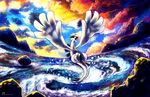  cloudy_sky flying gen_2_pokemon glowing glowing_eyes haychel lugia no_humans open_mouth pokemon pokemon_(creature) sky sunset water whirlpool yellow_eyes 