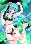  bare_shoulders barefoot bikini blue_eyes blue_hair breasts cleavage dangan_neko digital_media_player duplicate feet groin hatsune_miku headphones highres long_hair medium_breasts nail_polish navel open_mouth sandals shoe_dangle shoes single_shoe smile solo swimsuit toenail_polish twintails underboob very_long_hair vocaloid 