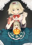  alice_margatroid aqua_eyes blonde_hair book bow capelet hairband highres holding holding_book jack-o'-lantern jewelry looking_at_viewer puppet_rings puppet_strings ring settyaro shanghai_doll smile solo touhou 
