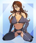  bare_shoulders black_bra black_panties bra breasts brown_eyes brown_hair cameltoe cleavage elbow_gloves gloves gundam gundam_00 ichijiku large_breasts lingerie long_hair looking_at_viewer mobile_suit_gundam navel panties sitting smile solo sumeragi_lee_noriega thighhighs underwear wavy_hair 