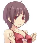  :d bare_shoulders bra brown_hair chuunibyou_demo_koi_ga_shitai! collarbone konimaru looking_at_viewer open_mouth plaid plaid_bra red_eyes short_hair sketch smile solo tsuyuri_kumin underwear upper_body white_background 