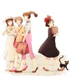  bag black_dress bow brown_hair casual cat dress extra full_body hat hat_ribbon jiji_(majo_no_takkyuubin) kiki majo_no_takkyuubin multiple_girls mushisotisis ribbon short_hair studio_ghibli walking white_dress 