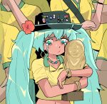  1girl 6+others aqua_hair bead_necklace beads black_hat bracelet brazilian_miku collarbone cropped_shirt crying earrings flower hair_flower hair_ornament hat hatsune_miku highres holding jewelry long_hair looking_at_viewer midriff multiple_others navel necklace psicochurroz red_flower shirt solo_focus tears twintails world_cup yellow_shirt 