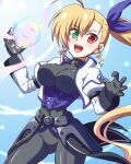  blonde_hair bodysuit breasts commentary energy heterochromia highres jacket large_breasts long_hair looking_at_viewer lyrical_nanoha mahou_shoujo_lyrical_nanoha_strikers mahou_shoujo_lyrical_nanoha_vivid ponytail turtleneck turtleneck_bodysuit vivio white_jacket yosuzu 